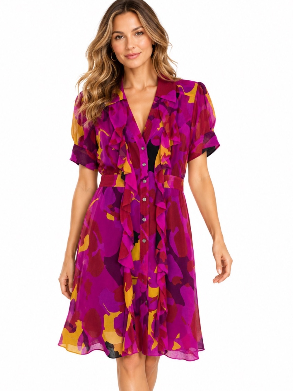 Diane von Furstenberg Silk Ruffle Abstract Print Dress Purple Pink Size 6
